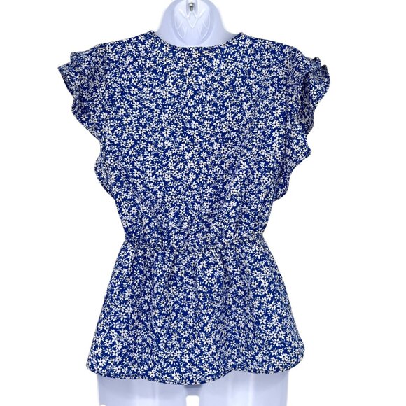 Monteau Floral Ruffle Sleeve Wrap Peplum Blouse Blue White Size Small - Picture 6 of 11